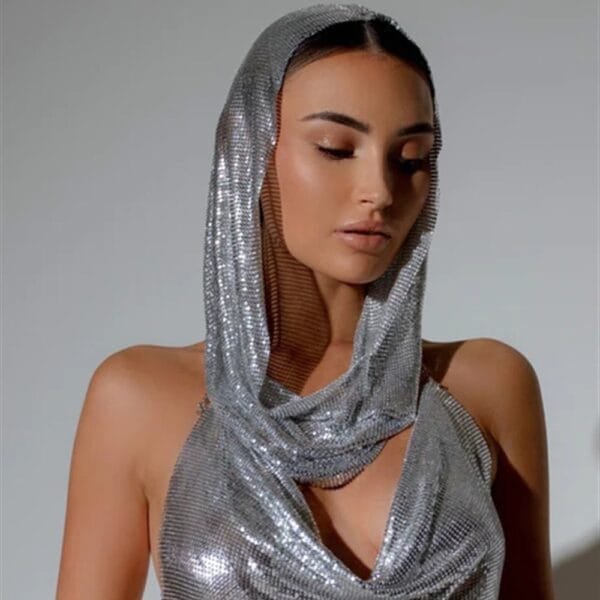 Back Slit Metal Sequins Top Scarf Two-piece Set - Image 3